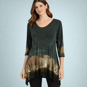 Art of Cloth Size Small S Gray Tie Dye Scoop 3/4 Sleeve Asymmetrical Tunic Top